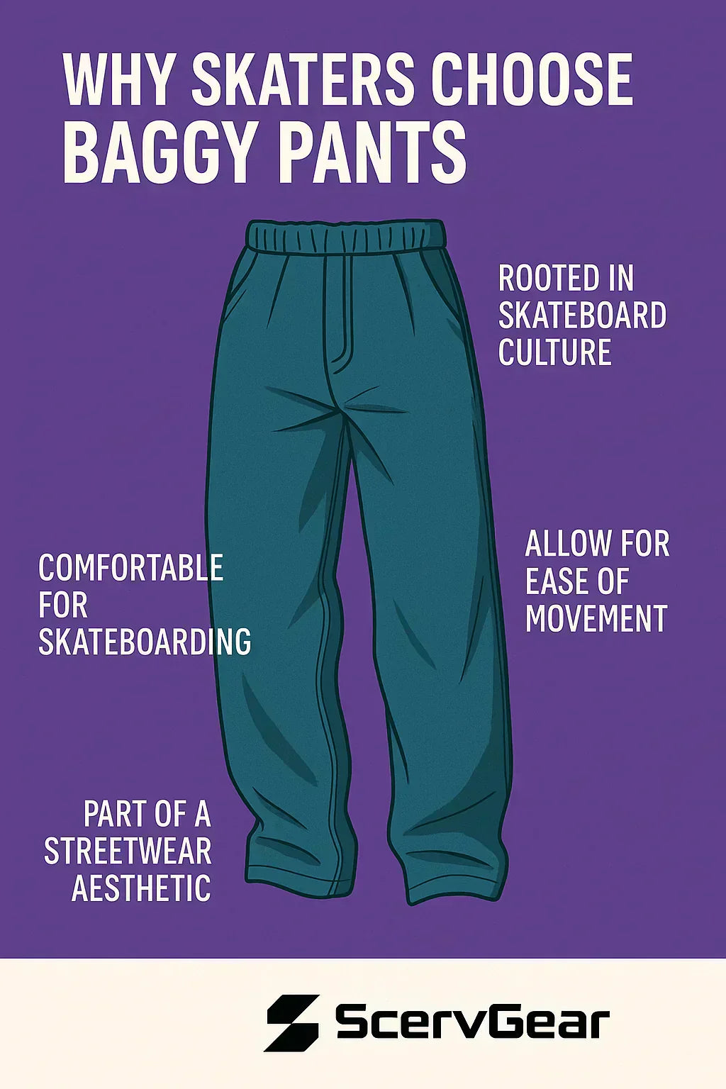 Image of a pair of baggy skater style pants with the four main reasons skaters choose baggy pants: rooted in skateboard culture, comfortable, allow for movement and a part of the streetwear movement.