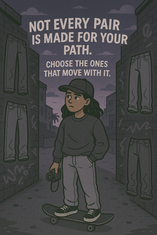 Cartoon picture of a person trying to decide which ones they want. Quote says "Not every pair is made for your path. Choose the ones that move with you."