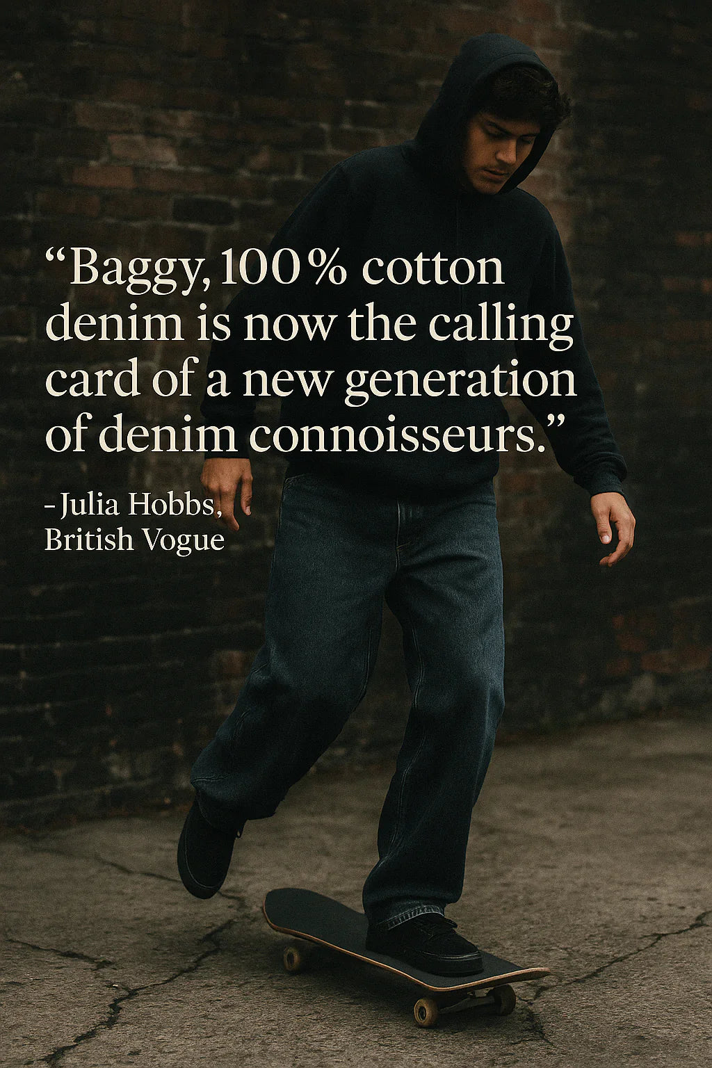 Quote from Julia Hobbs of British Vogue, "Baggy, 100% cotton denim is now the calling card of a new generation of denim connoisseurs."