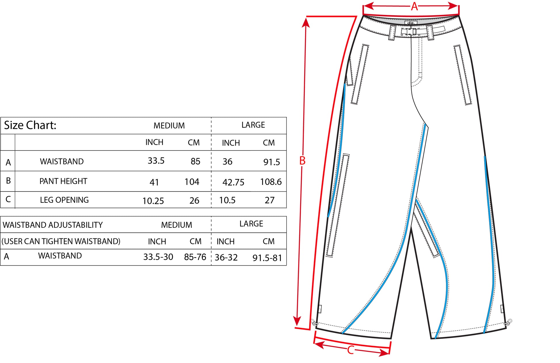 Size chart with drawing