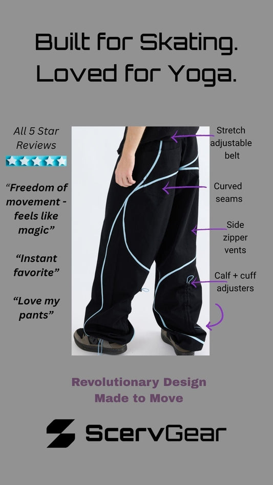 Loose Fit Yoga Pants that are wide-legged yoga pants and it shows a picture of the ScervGear curvy baggy pants with listed features.