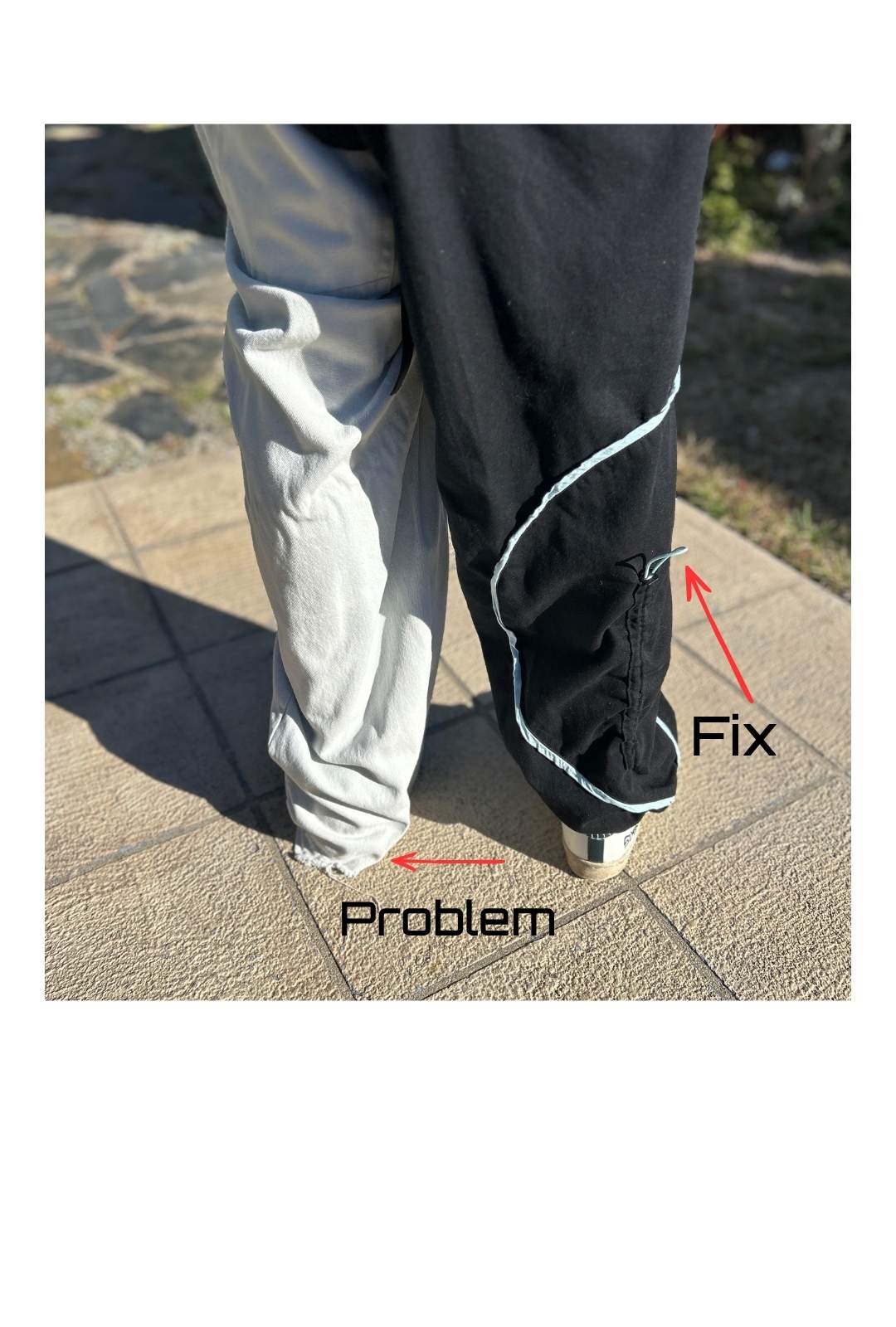 shows dragged worn hem vs. hem adjuster fix