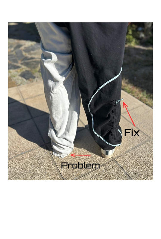 shows dragged worn hem vs. hem adjuster fix