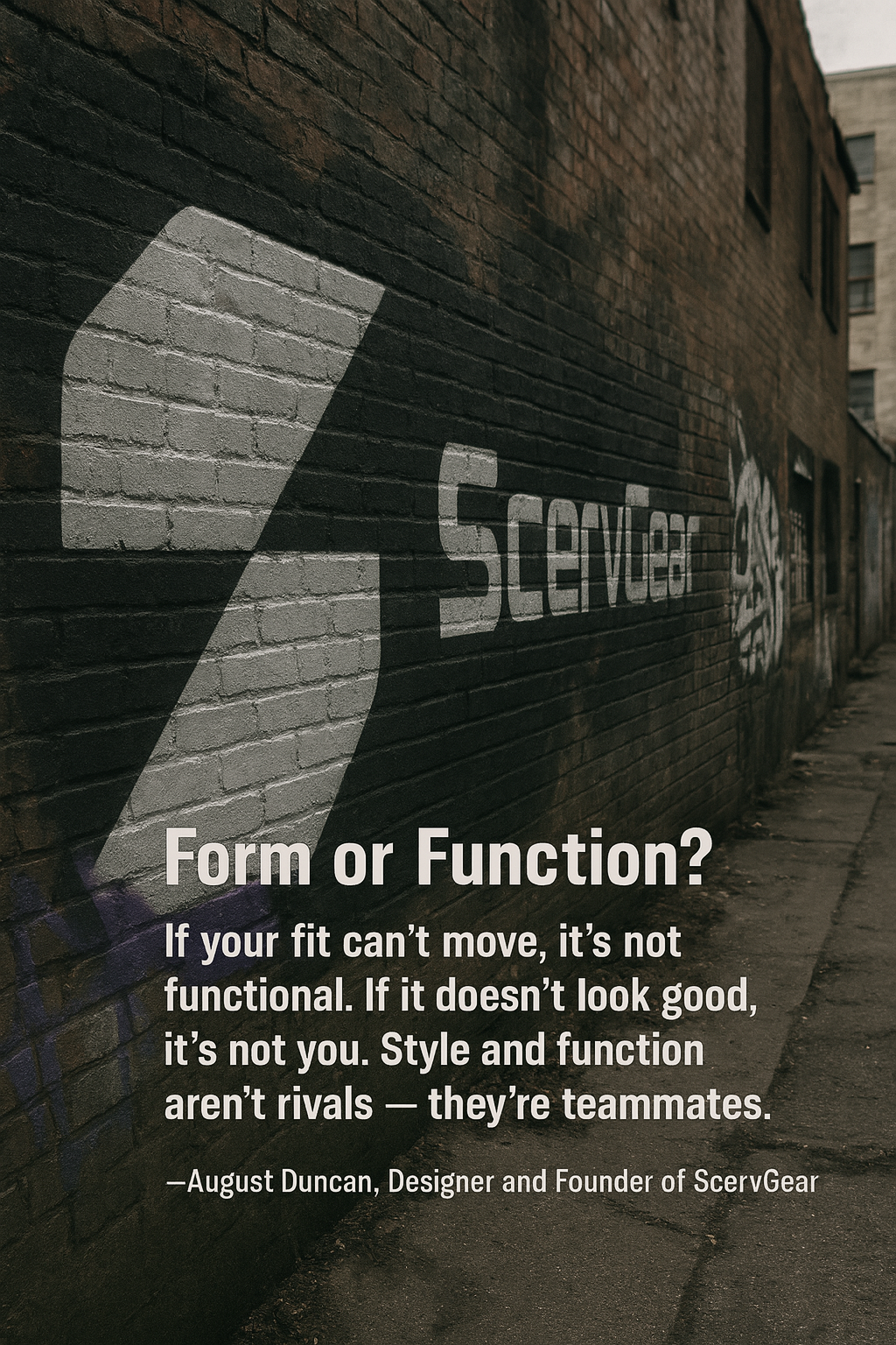Picture of a brick wall with the ScervGear logo. Plus a quote from August Duncan about Form and Function being teammates not rivals.