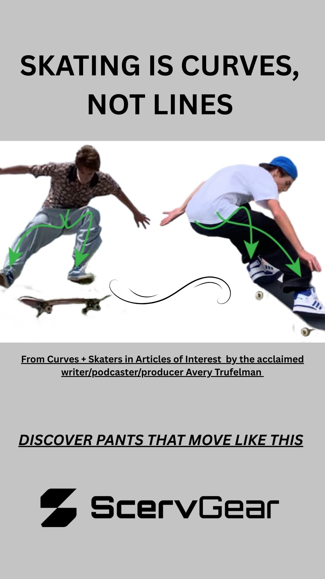 Picture of two skaters and green curves showing the movement. From Curves + Skaters in Articles of Interest by acclaimed Avery Trufelman
