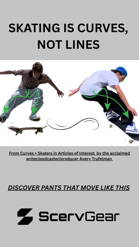 Picture of two skaters and green curves showing the movement. From Curves + Skaters in Articles of Interest by acclaimed Avery Trufelman