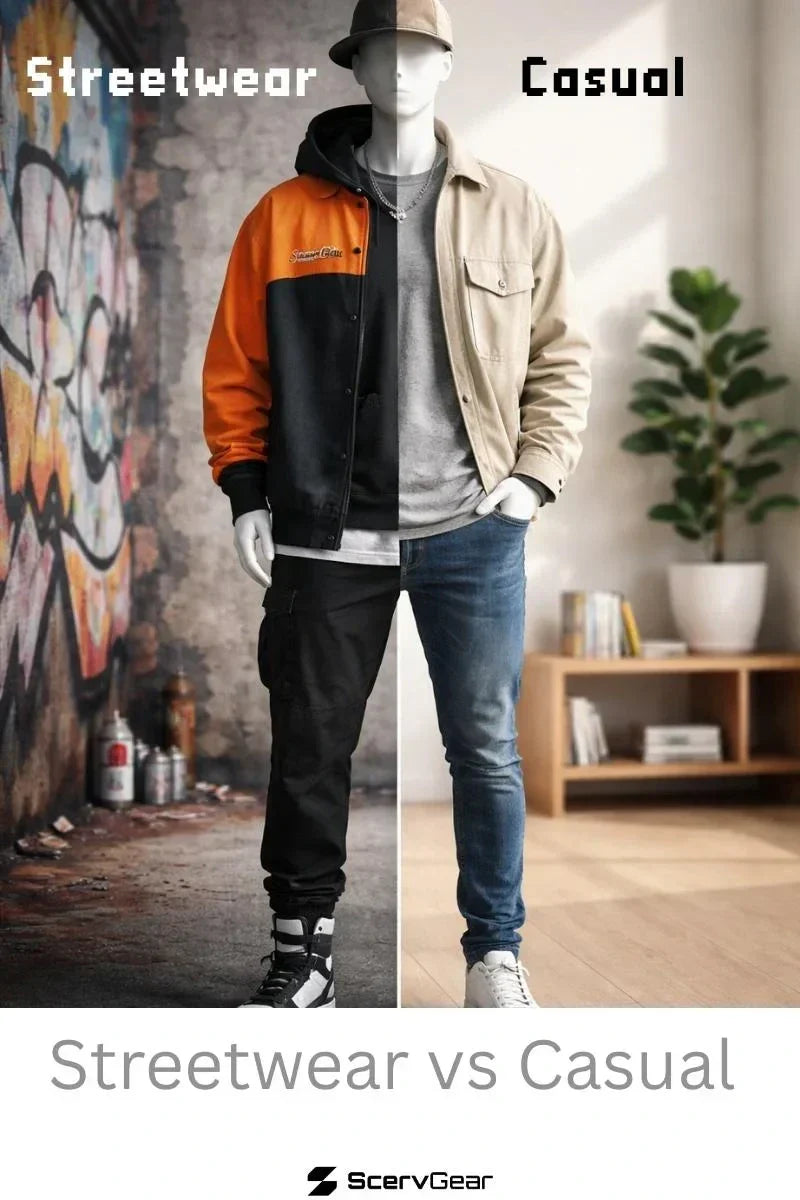 Split image of a mannequin styled half in streetwear with hoodie, cargo pants, and sneakers against a graffiti wall, and half in casual wear with jacket, jeans, and white sneakers in a clean indoor setting.