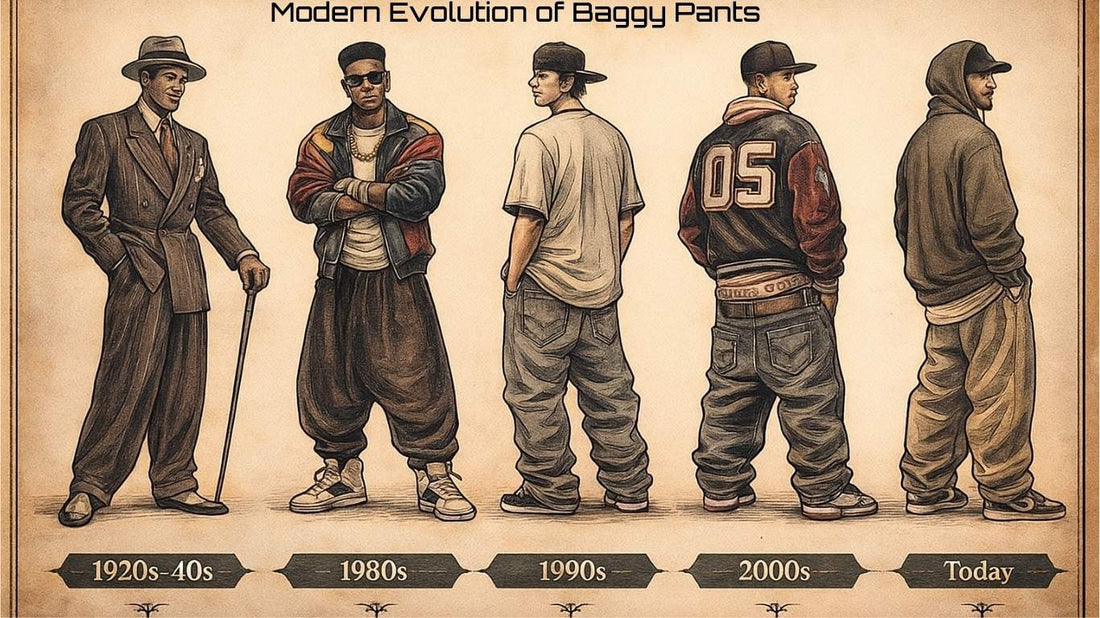 Picture showing 5 men in baggy pants respenting the modern evolution of baggy pants