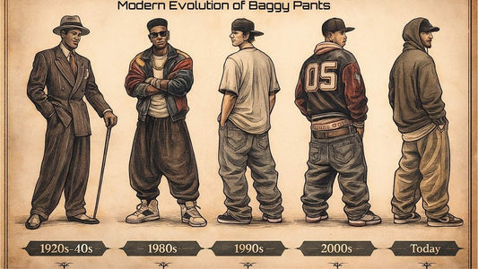Picture showing 5 men in baggy pants respenting the modern evolution of baggy pants
