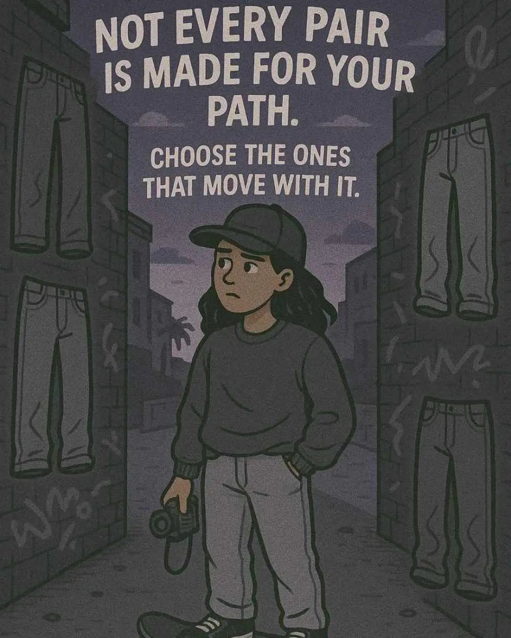 Cartoon of a photographer in an alley way with pants on the walls.  Saying" Not every pair is made for your path."