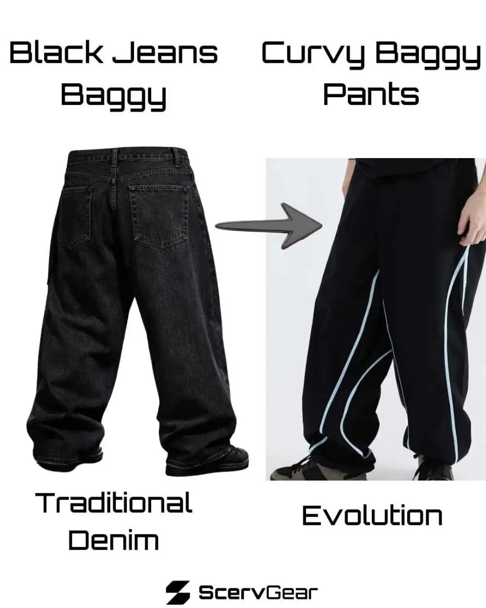 Comparison graphic showing traditional black baggy denim jeans on the left and ScervGear Curvy Baggy Pants on the right, illustrating the evolution from classic denim to movement-focused streetwear pants.