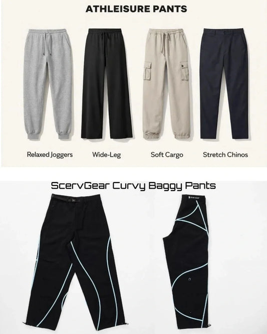 Graphic showing different athleisure pants styles—relaxed joggers, wide-leg pants, soft cargo pants, and stretch chinos—compared with ScervGear Curvy Baggy Pants featuring a wide-leg, street-influenced fit.