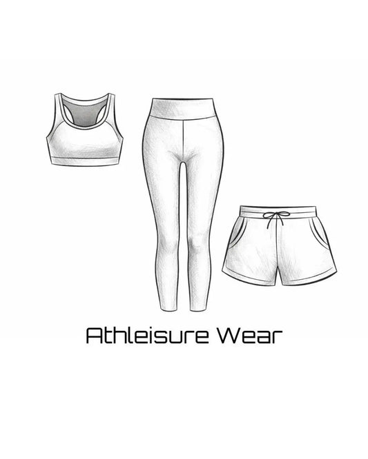 Minimalist black-and-white sketch of athleisure wear featuring a sports bra, fitted leggings, and drawstring shorts, labeled “Athleisure Wear.