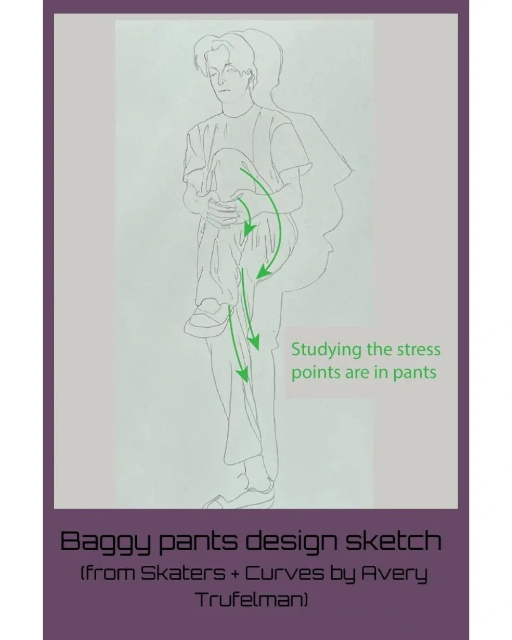 Sketch of a design for baggy skate pants - for movement.