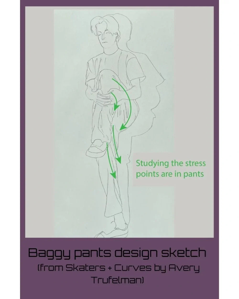 Sketch of a design for baggy skate pants - for movement.