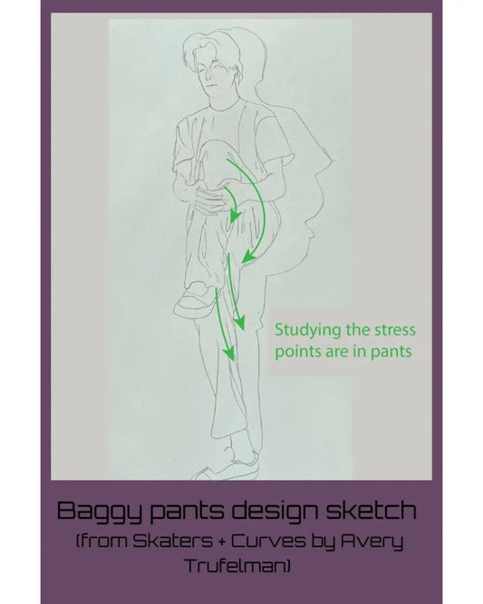 Sketch of a design for baggy skate pants - for movement.