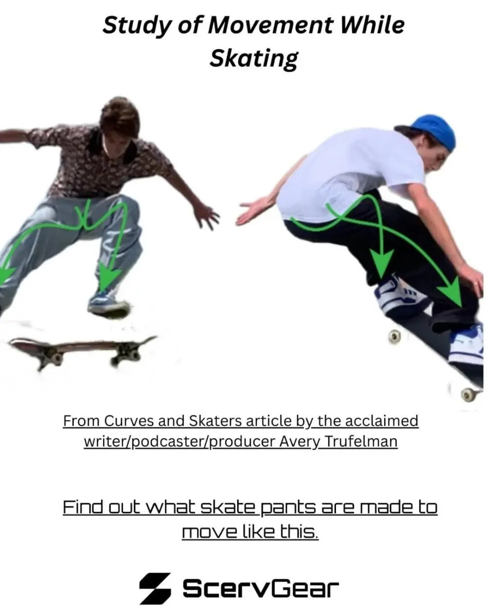 Two skaters shown with lines showing motion from the Avery T. article Skaters and Curves