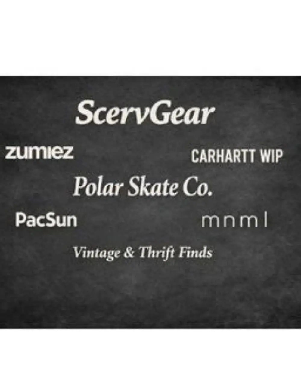 Text-only collage of brand names including ScervGear, Zumiez, Carhartt WIP, Polar Skate Co., PacSun, mnml, and Vintage & Thrift Finds on a dark textured background, representing popular stores to buy baggy pants online.