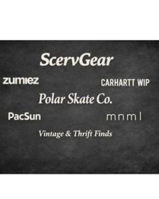Text-only collage of brand names including ScervGear, Zumiez, Carhartt WIP, Polar Skate Co., PacSun, mnml, and Vintage & Thrift Finds on a dark textured background, representing popular stores to buy baggy pants online.