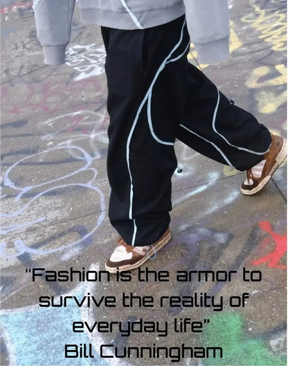 person in baggy pants with saying below