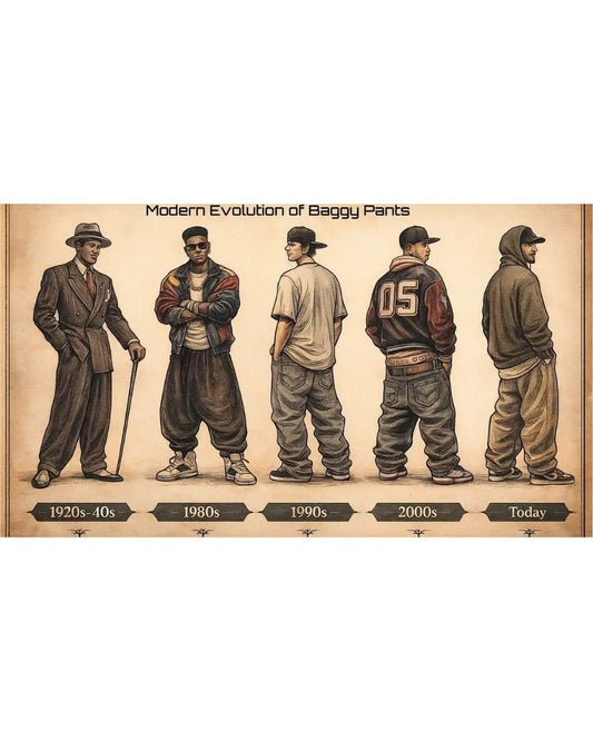 Picture showing 5 men in baggy pants respenting the modern evolution of baggy pants