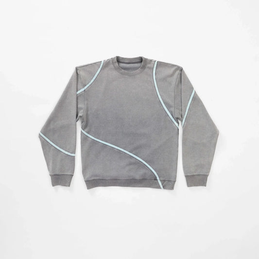 Front view of ScervGear’s gray Swervy crewneck sweatshirt with light blue curved seam detailing.