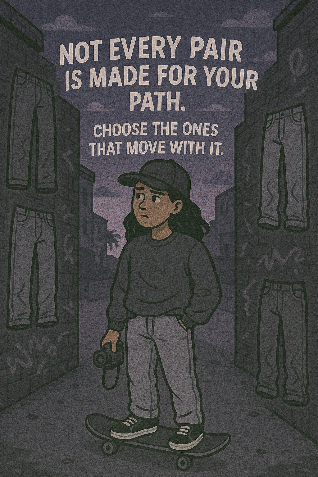  Cartoon picture of a person trying to decide which ones they want. Quote says "Not every pair is made for your path. Choose the ones that move with you."