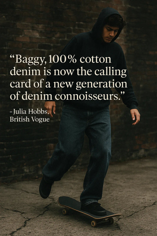 Quote from Julia Hobbs of British Vogue, "Baggy, 100% cotton denim is now the calling card of a new generation of denim connoisseurs."