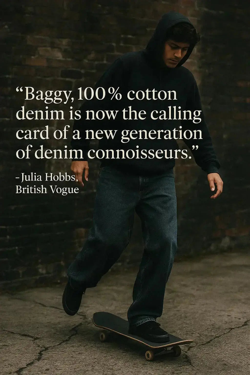 a skater in a picture of skate jeans with a quote saying "Baggy, 100% cotton denim is now the calling card of a new generation of denim connoisseurs" by Juilia Hobbs