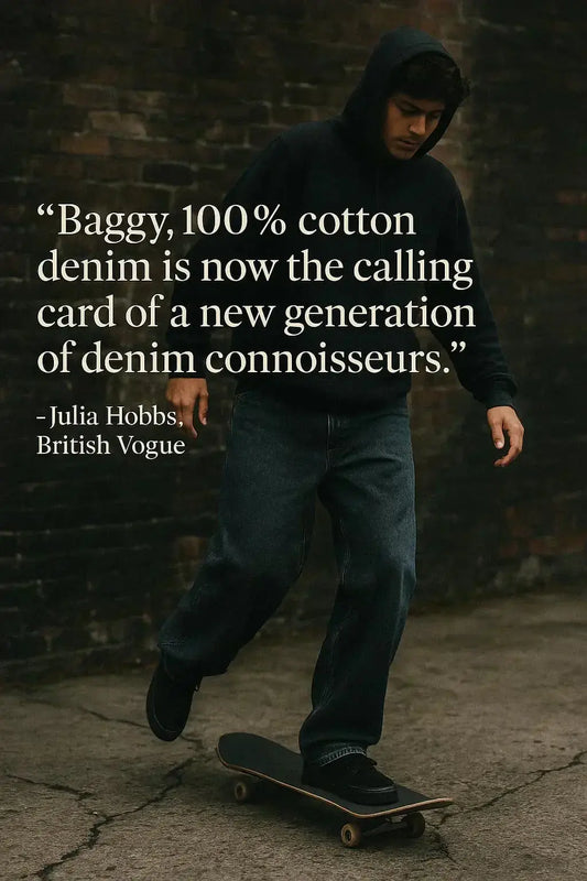 a skater in a picture of skate jeans with a quote saying "Baggy, 100% cotton denim is now the calling card of a new generation of denim connoisseurs" by Juilia Hobbs