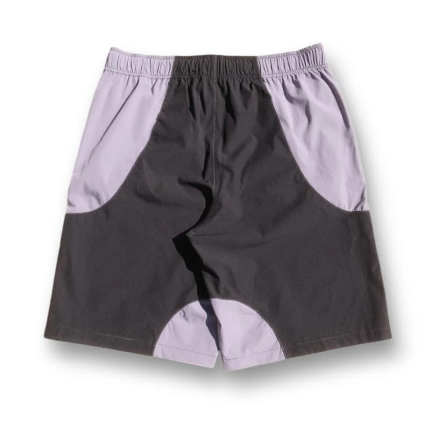 Back view of black and gray Scerfer Baggy Boardshorts with elastic waistband and relaxed active streetwear fit.