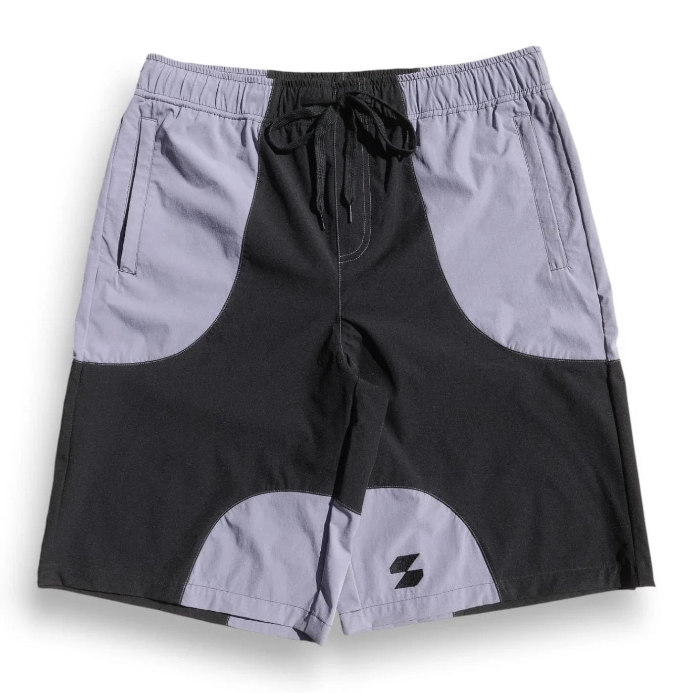 Front flat view of black and gray Scerfer Baggy Boardshorts with adjustable drawstring waistband and relaxed fit.