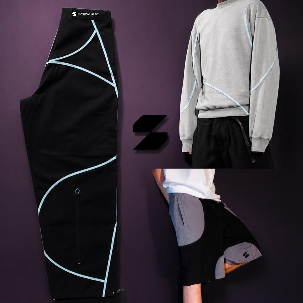 A collage showing a pair of black active streetwear baggy pants with light blue geometric contrast stitching, alongside a model wearing a light gray sweatshirt and black baggy boardshorts. 