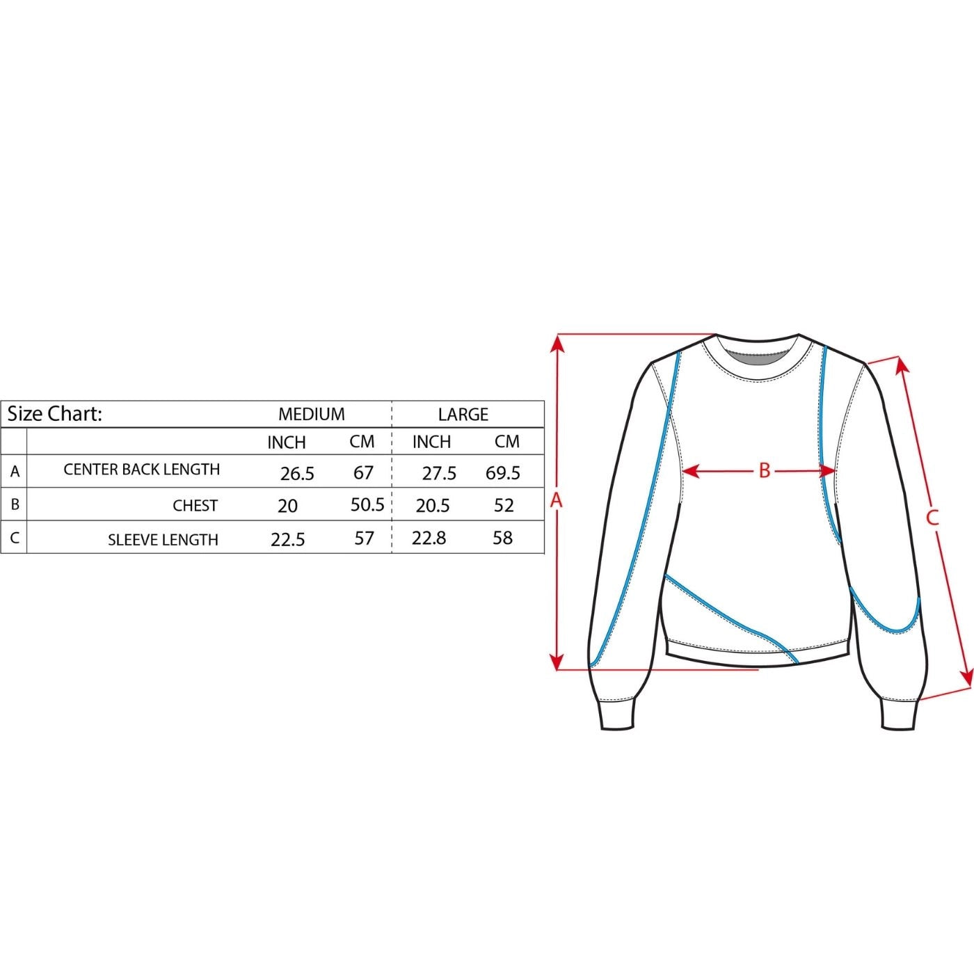 Swervy Crewneck sweatshirt size chart showing center back length, chest width, and sleeve length measurements in inches and centimeters.