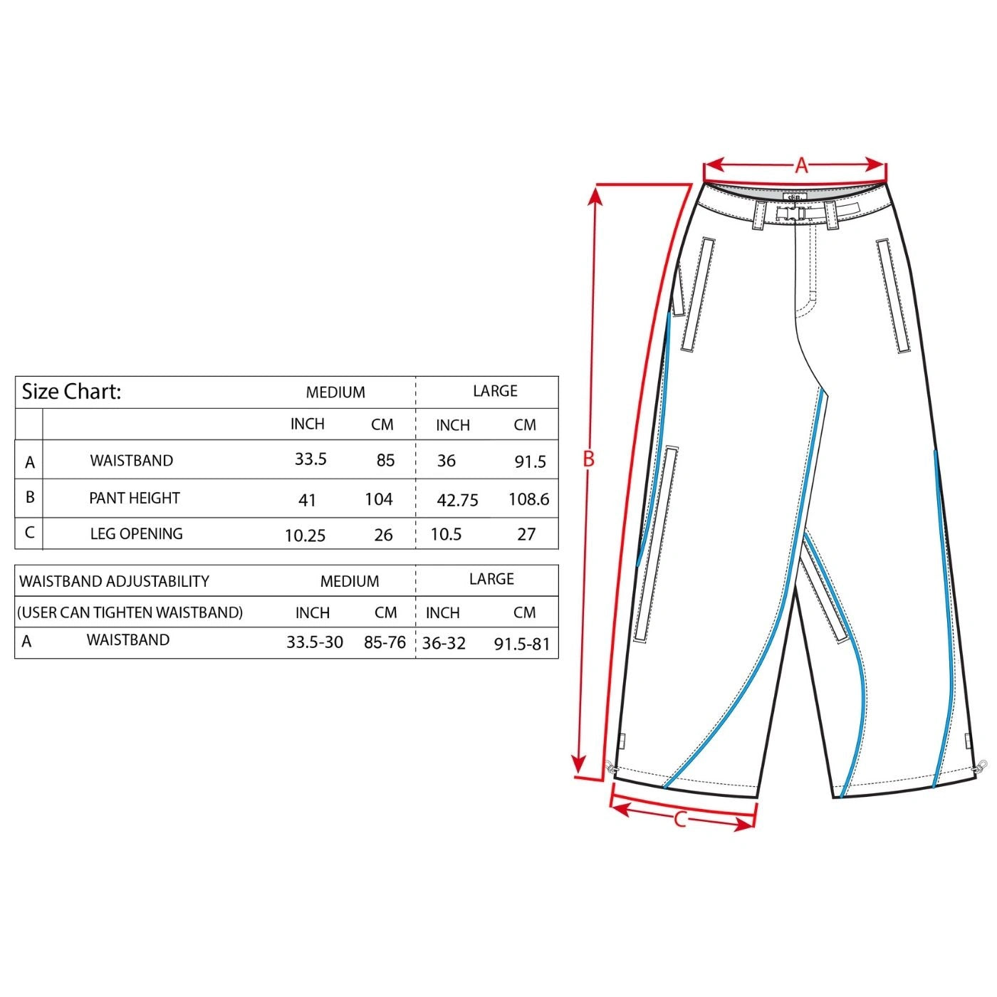 Size chart for black Curvy Baggy Pants showing waistband, pant height, leg opening measurements, and adjustable waist range in inches and centimeters.