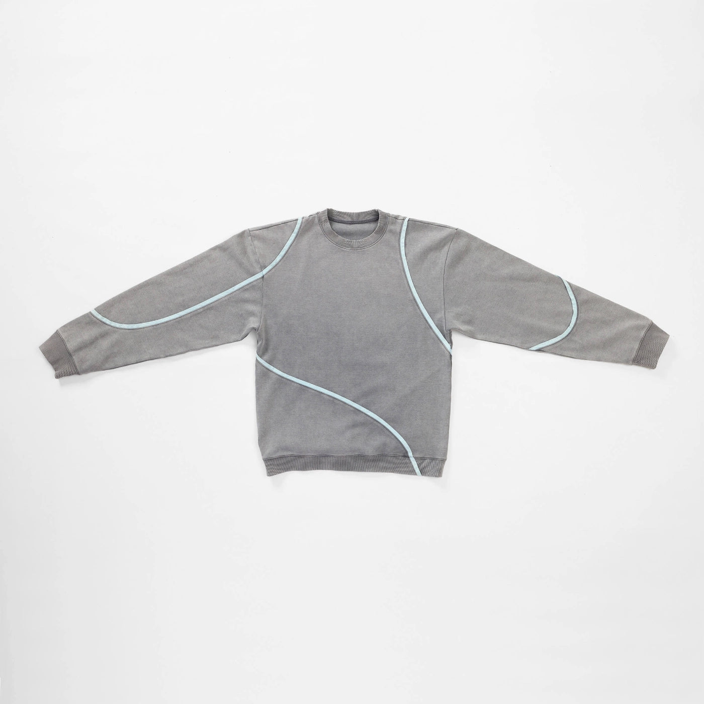 Gray Swervy Crewneck sweatshirt laid flat with sleeves extended, highlighting curved seam construction and relaxed active streetwear fit.