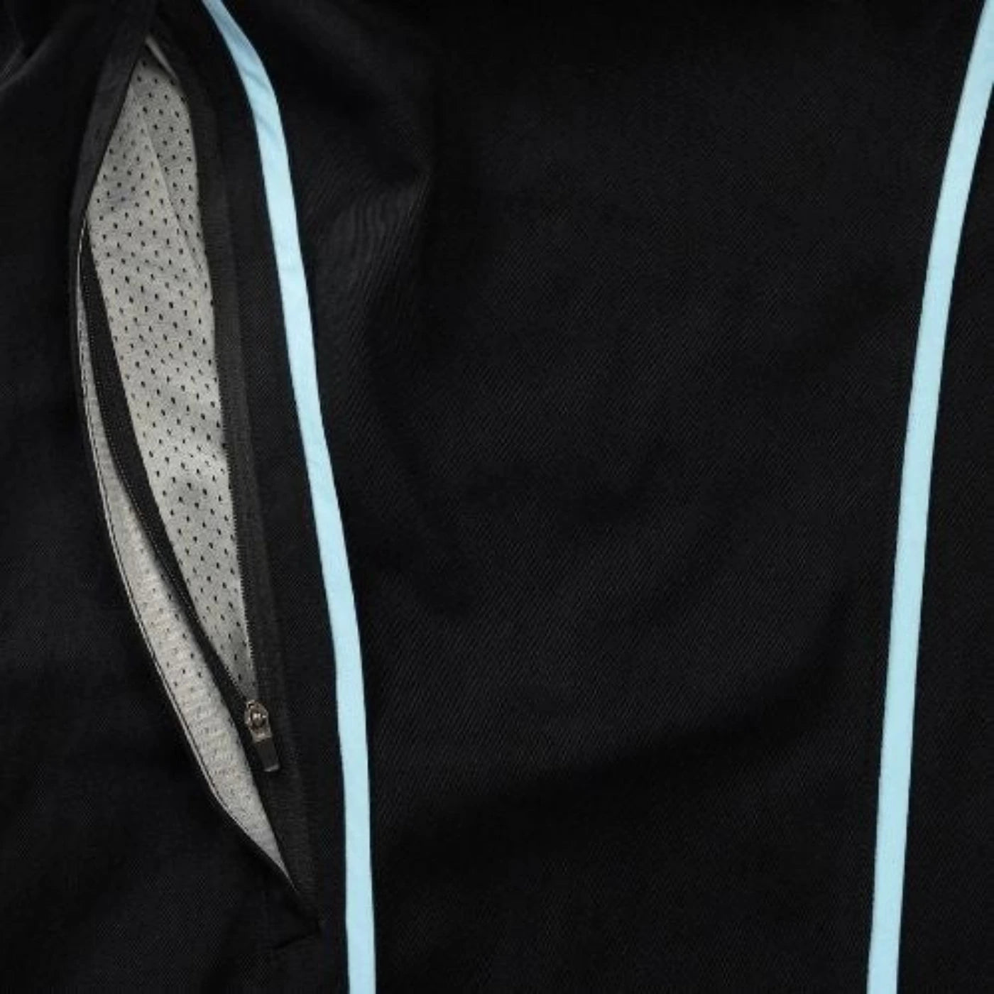 Close-up of zipper leg vent with breathable mesh lining on black Curvy Baggy Pants designed for airflow and active movement.