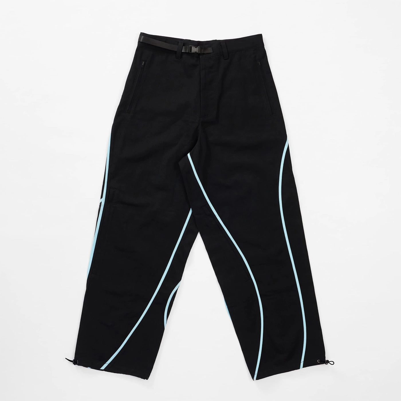 Front flat view of black Curvy Baggy Pants with curved seam detailing, built-in belt, and relaxed active streetwear fit.