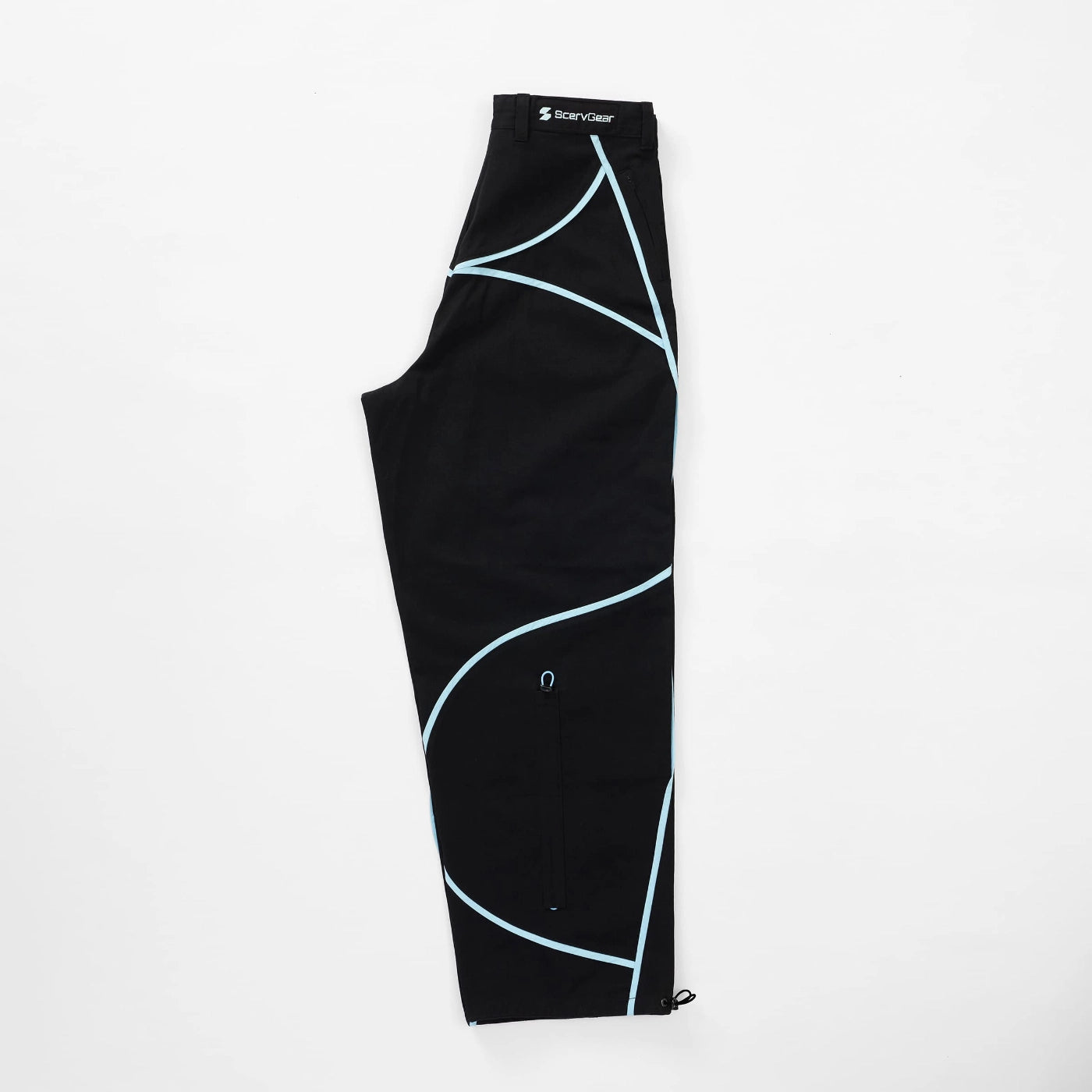 Flat lay of black Curvy Baggy Pants featuring curved seam design, built-in belt waistband, and relaxed active streetwear fit.